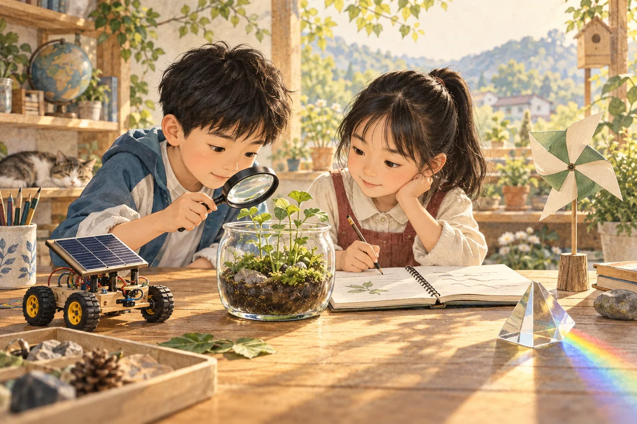 两位同学在阳光下观察植物、记录发现，桌上摆着太阳能小车和纸风车